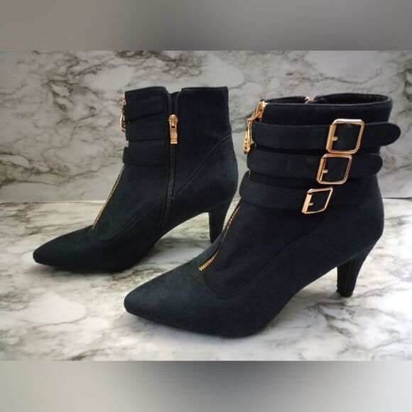 IDIFU Navy Blue Ankle Boots With Buckles Zip Closure Skinny Heel Size 10 - Picture 1 of 13